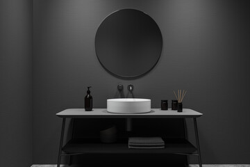 Front view on dark bathroom interior with round mirror, sink