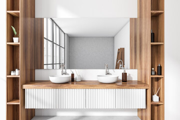 Naklejka na ściany i meble Front view on bright bathroom interior with panoramic window