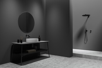 Grey bathroom interior with douche and sink with mirror