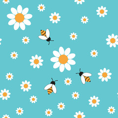 Bee and daisy seamless patterns. Design of floral textile for baby, kid print fabric. Endless repeating green background of white flowers, chamomile, daisies, plants, bee and wasp. Vector