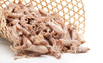 Small Freshly Steamed Squids On White background