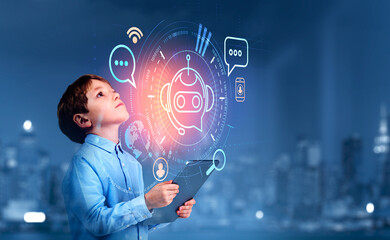 Boy with tablet, voice chat and social network hologram, digital
