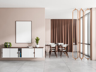 Light dining room interior with drawer and eating table, mockup poster