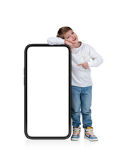 Kid point at phone mockup display, isolated over white background