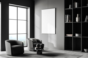 Lounge room interior with seats and decoration, panoramic window. Mockup frame