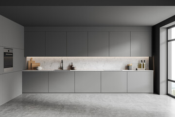 Grey cooking set interior with shelves and appliances, concrete floor