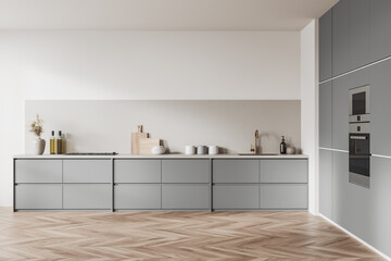 Light cooking set interior with shelves and appliances, wooden floor