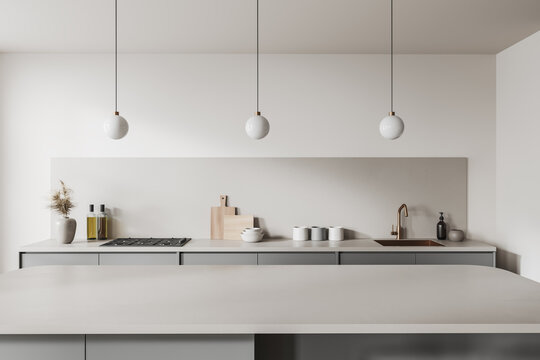 Light countertop on background of kitchen interior with shelves. Mockup
