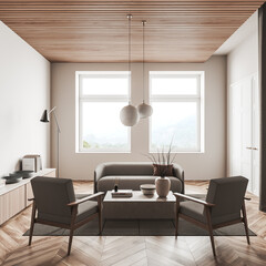 Relax room interior with chair and couch, dresser and panoramic window