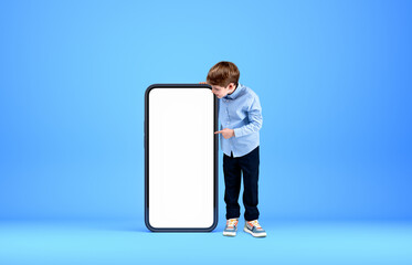 A kid point at phone mockup display on bright background