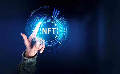 Woman finger touch NFT hologram with circuit and binary, cryptoart