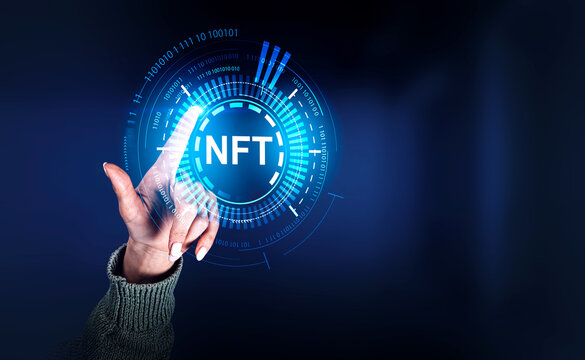 Woman finger touch NFT hologram with circuit and binary, cryptoart