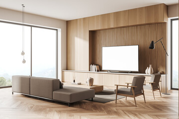 Living room interior with seats, drawer and tv set with mockup screen