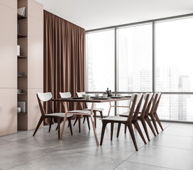 Light eating room interior with chairs and window, shelf with decoration