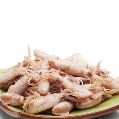 Small Freshly Steamed Squids On White background