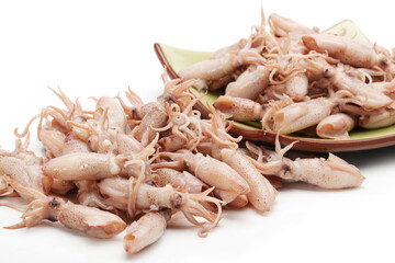 Small Freshly Steamed Squids On White background