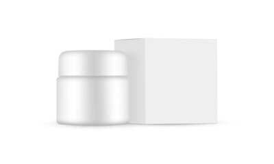 Cosmetic Jar With Screw Cap and Square Box Mockup, Isolated on White Background. Vector Illustration