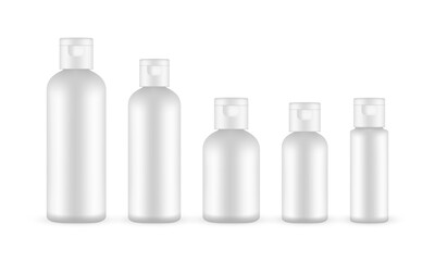 Blank Plastic Cosmetic Shampoo or Lotion Bottles with Flip Top Cap. Vector Illustration