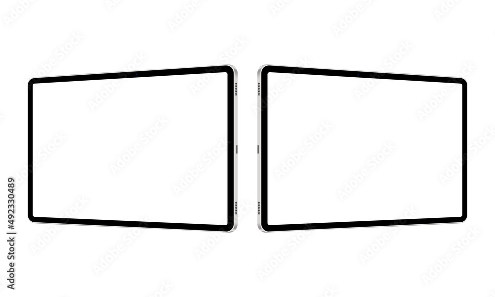 Poster tablet computers mockups with blank horizontal side view screens. vector illustration