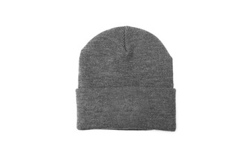 Grey wool or acrylic blank beanie isolated on white background. Mock-up for branding.