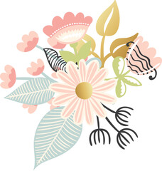 Floral decorative bouquet, nature illustration with flowers and leaves