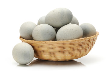 preserved duck eggs on white background