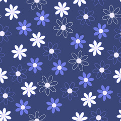 Fototapeta na wymiar Cool background of daisies. Floral modern chamomile pattern. Seamless abstract ornament for textiles and decorations. Vector illustration in trendy style of blue daisies. Vector illustration