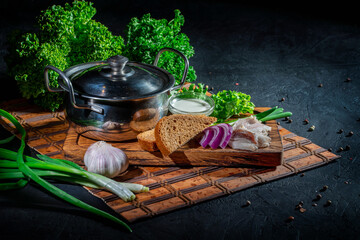 Lard and rye bread. Ukrainian traditional cuisine