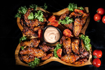 Baked chicken wings with sesame and sauce on dark background