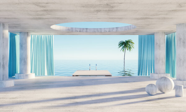 3D rendering of accommodation with on sea view for vacation.