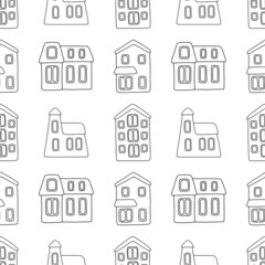 Vector seamless pattern with small cartoon houses on white background. Outline illustration for wallpaper, wrapping paper, background, fabric, textile, colouring.