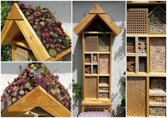 Collage von Ansichten eines selbst gebauten Bienenhotels, Insektenhotels, Brutstätten für...