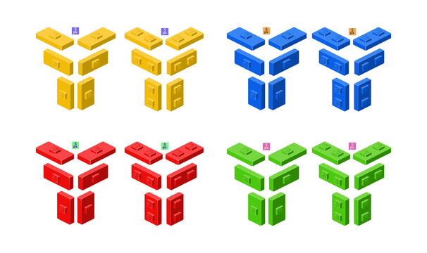 Rectangular plastic elements for the constructor in the style of isometrics for casual games. Vector illustration.