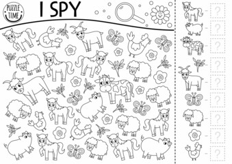 Farm animals black and white I spy game for kids. Searching and counting line activity with goat, horse, sheep, hen, pig, cow. Rural village printable coloring page. Simple on the farm puzzle.