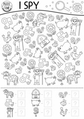 On the farm black and white I spy game for kids. Searching and counting line activity with farmer, tractor, barn, cow. Rural village printable coloring page. Simple country farm puzzle.