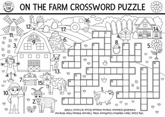 Vector on the farm black and white crossword puzzle for kids. Simple farm line quiz with rural country landscape. Educational activity with cow, farmer, barn. Cute cross word coloring page.