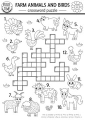 Vector farm animals and birds black and white crossword puzzle for kids. Simple on the farm line quiz. Country educational activity with cow, hen, pig. Rural village cross word coloring page.