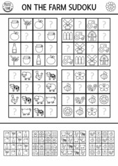 Vector farm sudoku black and white puzzle for kids with pictures. Simple on the farm quiz with missing elements. Education activity or coloring page with farmer, barn, tractor. Draw missing objects.