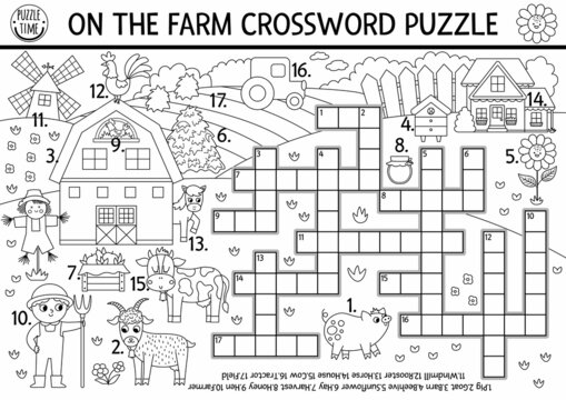 Vector on the farm black and white crossword puzzle for kids. Simple farm line quiz with rural country landscape. Educational activity with cow, farmer, barn. Cute cross word coloring page.