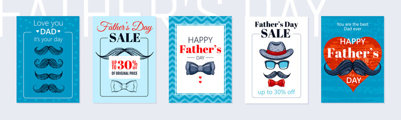 Happy Fathers day cards and sale flyers with sketch mustache, tie, hat and glasses. Vector posters of daddies holiday with special offer and hand drawn illustration of gentleman moustaches and bowtie