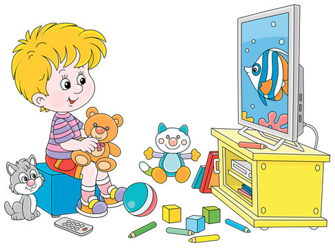 Happy little boy sitting in his room among colorful toys and watching TV with an animated cartoon film about a funny butterfly fish, vector illustration isolated on a white background