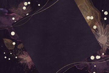 アルコールインクアートのダークテンプレート）紫背景に光る花　金色のグリッター　四角いスペース