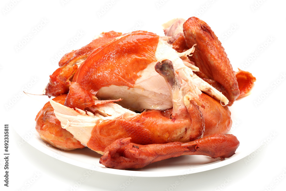 Sticker roast chicken on white background