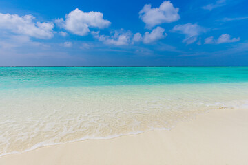 Blue sea wave, ocean lagoon, white foam, sand beach, turquoise ocean water close up, summer...