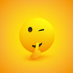 Be Quiet! - Winking, Shushing Face Gesturing - Showing Make Silence Sign - Simple Emoticon for Instant Messaging on Yellow Background - Vector Design Illustration