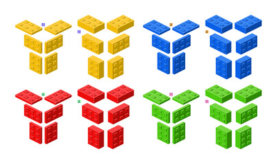 Fototapeta na wymiar 3d set of colored constructor kit in isometry. bricks. Vector illustration.