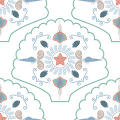 sea shells with small fish and seaweed in a repeating pattern