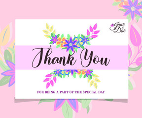 Floral 'Thank You' card with beautiful spring flowers with pink and white background in modern style. Perfect for wedding, greeting or invitation design