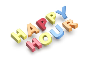 Happy hour promo text with colorful letters on white background