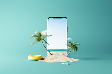 Creative summer beach on smartphone with blue background. 3d rendering - obrazy, fototapety, plakaty